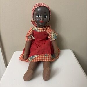 Vintage African American Celluloid Face Leg Jointed 16" Doll Red Checkered Dress